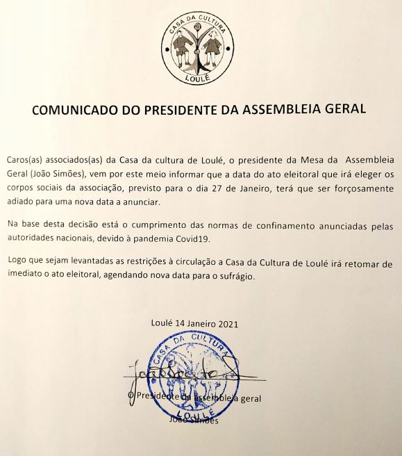 COMUNICADO DO PRESIDENTE DA ASSEMBLEIA GERAL