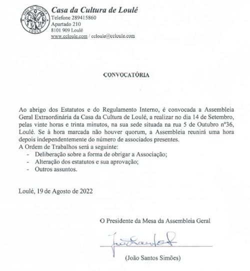 convocatória Assembleia geral CC Loulé